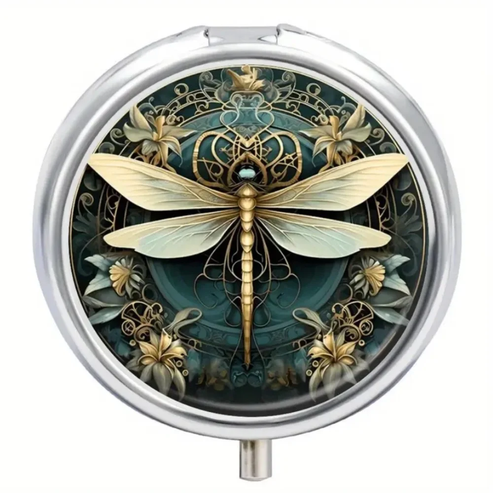 Teal Gold Dragonfly Pill Box Mirror 3 Compartment Travel Case